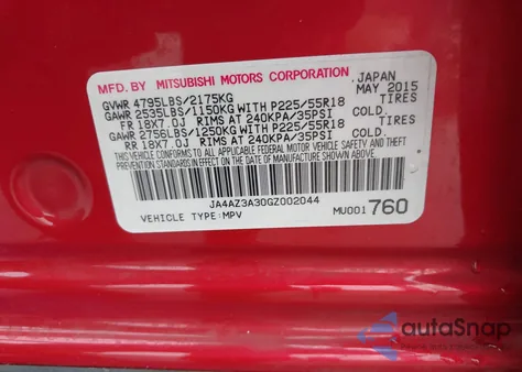 2016 Mitsubishi Outlander Sel z USA, uszkodzony, nr VIN JA4AZ3A30GZ002044